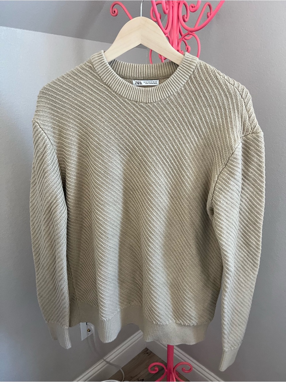 Zara Men Beige Diagonal Rib Crewneck Sweater